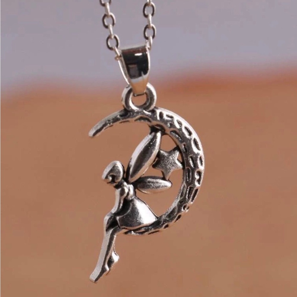 “Fairy on the Moon” Crescent Star Pensive Feminine Fantasy Sprite Pixie Necklace